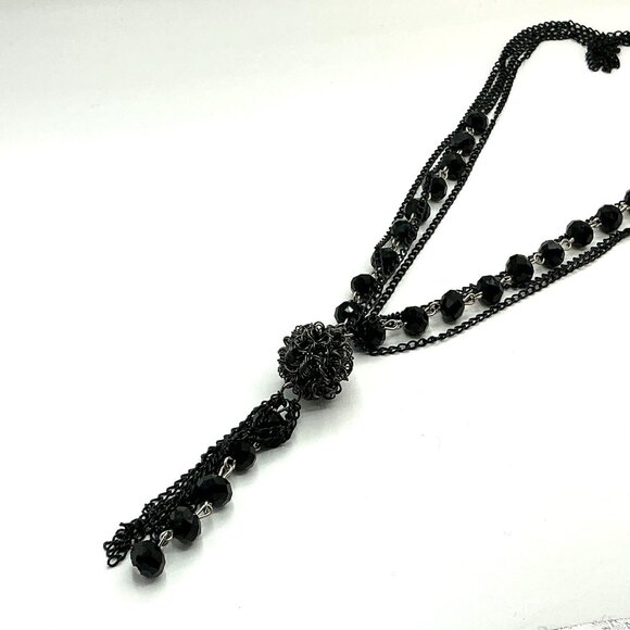 Black Multi-Strand Beaded Tassel Necklace With Rosette Pendant - Picture 1 of 6